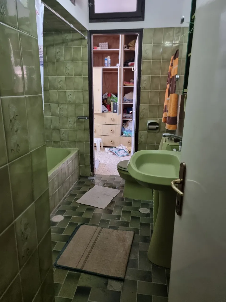 שירותים בגוון ירוק עם כיור וארון אחסון ישנים לפני השיפוץ